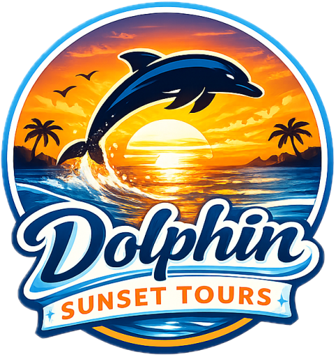 Logo with dolphin leaping over ocean at sunset, text reads 'Dolphin Sunset Tours'.