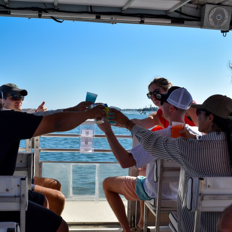 Group of people toasting with drinks on a boat under clear blue sky.