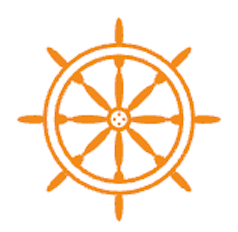 Orange ship wheel icon on a white background.